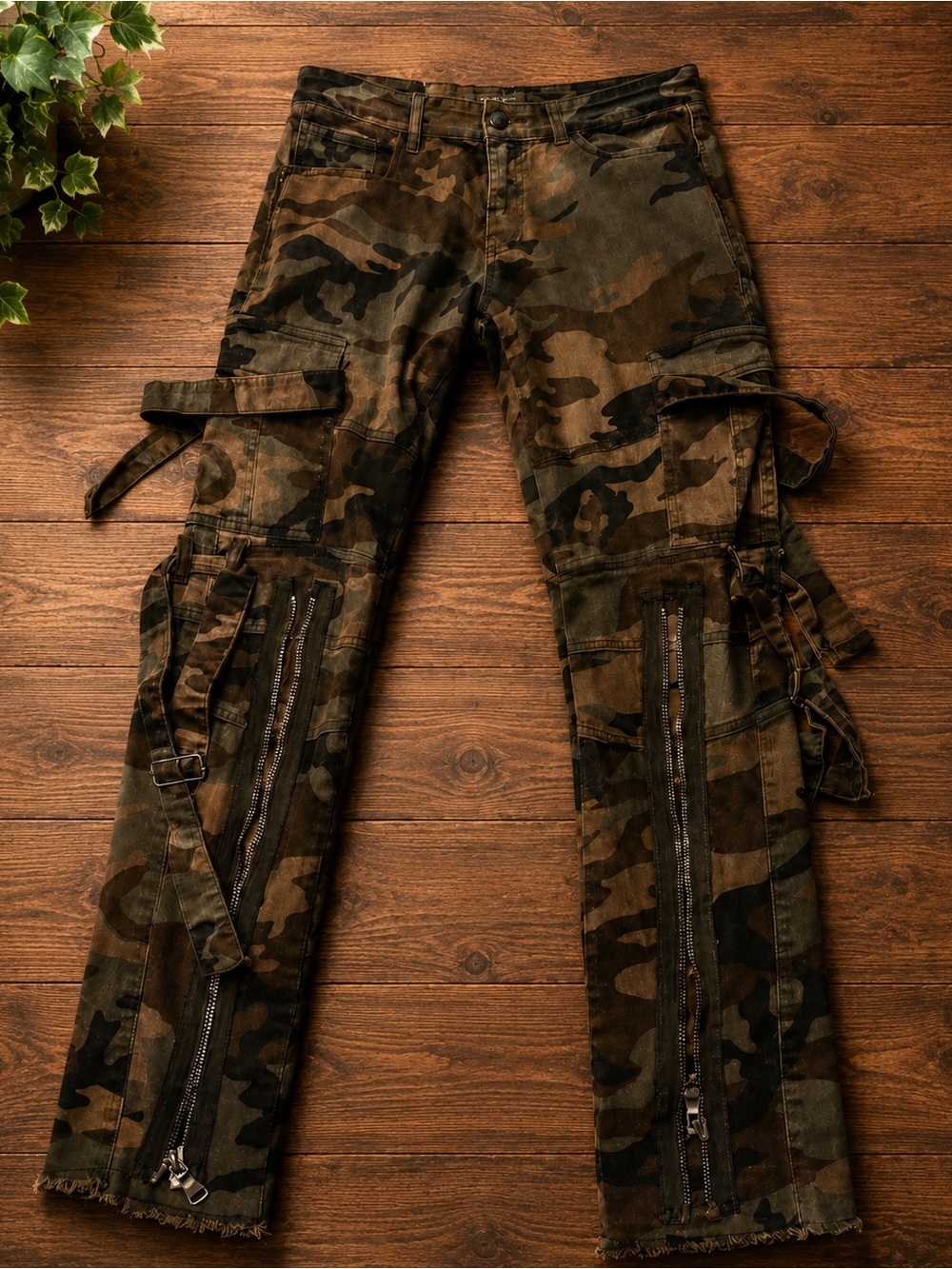 Camo Cargo Utility Pants with Zipper Detail